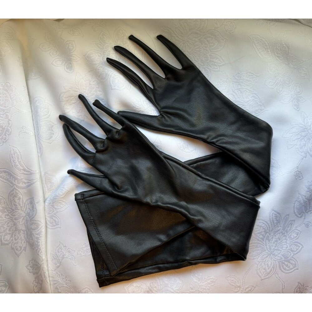 SKIMS Women S Faux Leather Formal Prom Length Long Gloves Onyx Black NEW No Tags - Picture 6 of 10